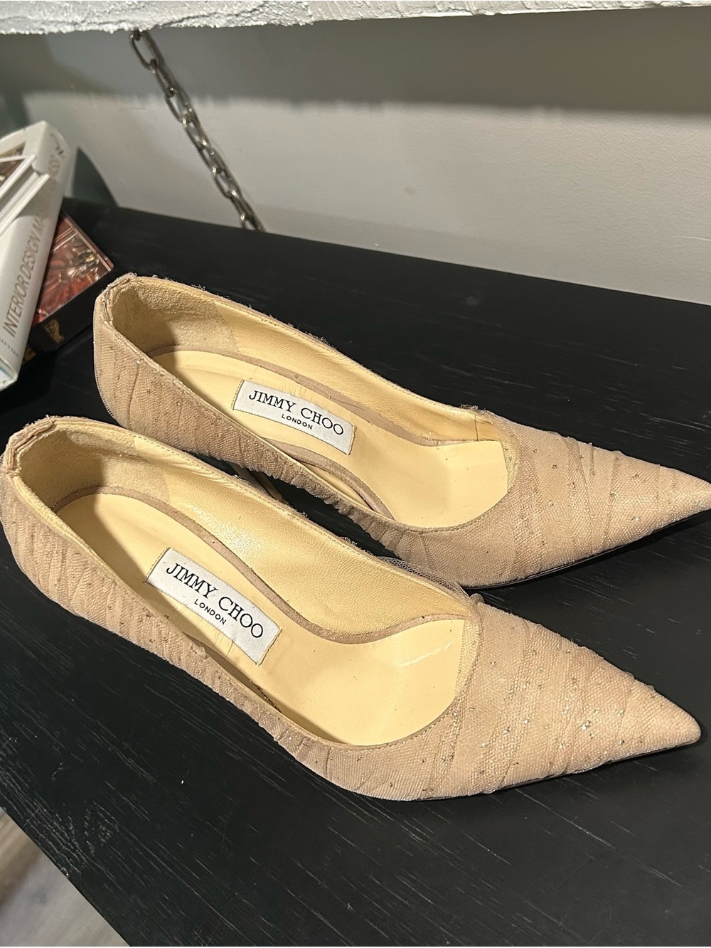 Jimmy Choo London 38.5 Champagne Gold Glitter Pointed Toe Pumps Bridal Heels